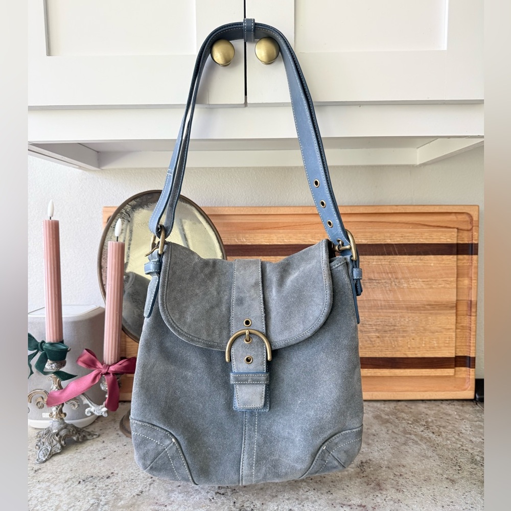 Coach Suede Shoulder Bag| Blue Gray|Leather Trim| Brass Buckle| Y2K Vintage